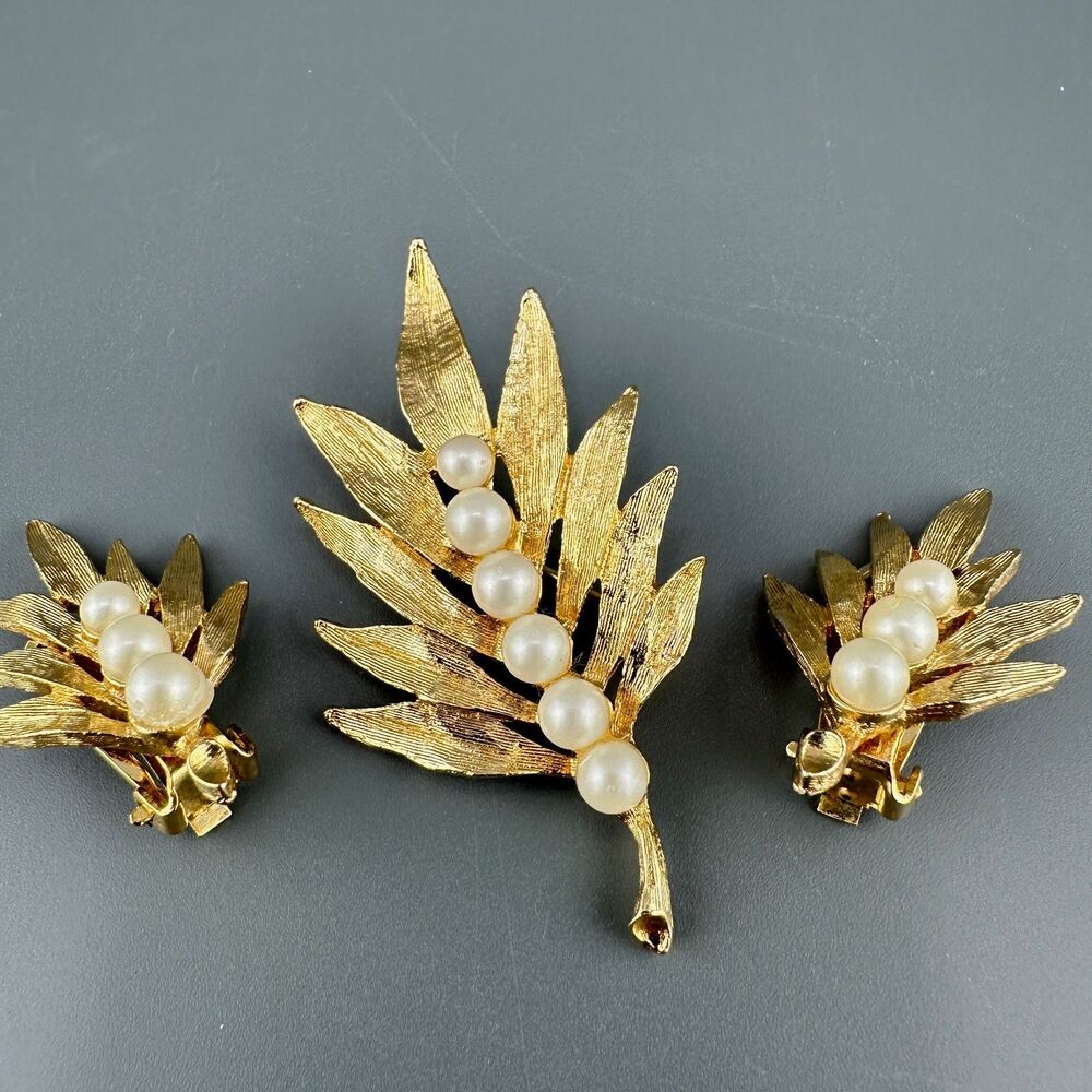 Vintage Leaf Brooch Earrings Set Gold Tone Faux Pearl Brushed Branch Leaves MCM